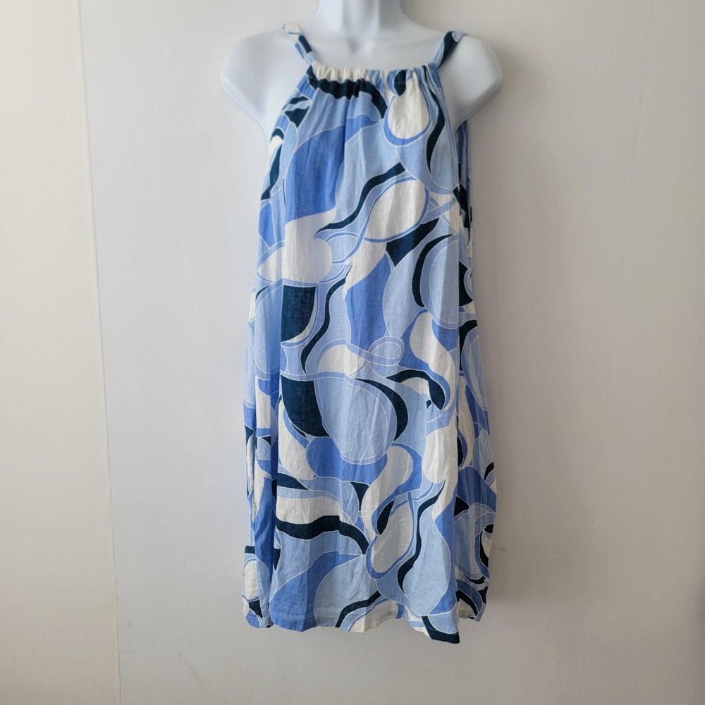 Rachel Zoe Blue Print Linen Blend Halter Shift Dress size XL Resort Wear Boho